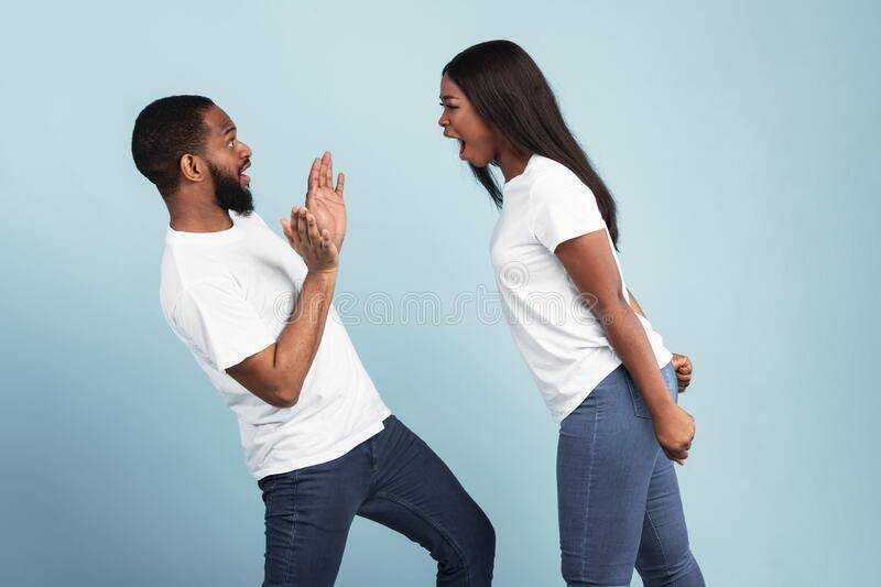 afro couple arguing woman yelling scared man relationship crisis concept side view portrait black fighting unhappy annoyed 213436794