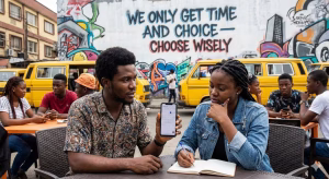 People discussing in urban setting.